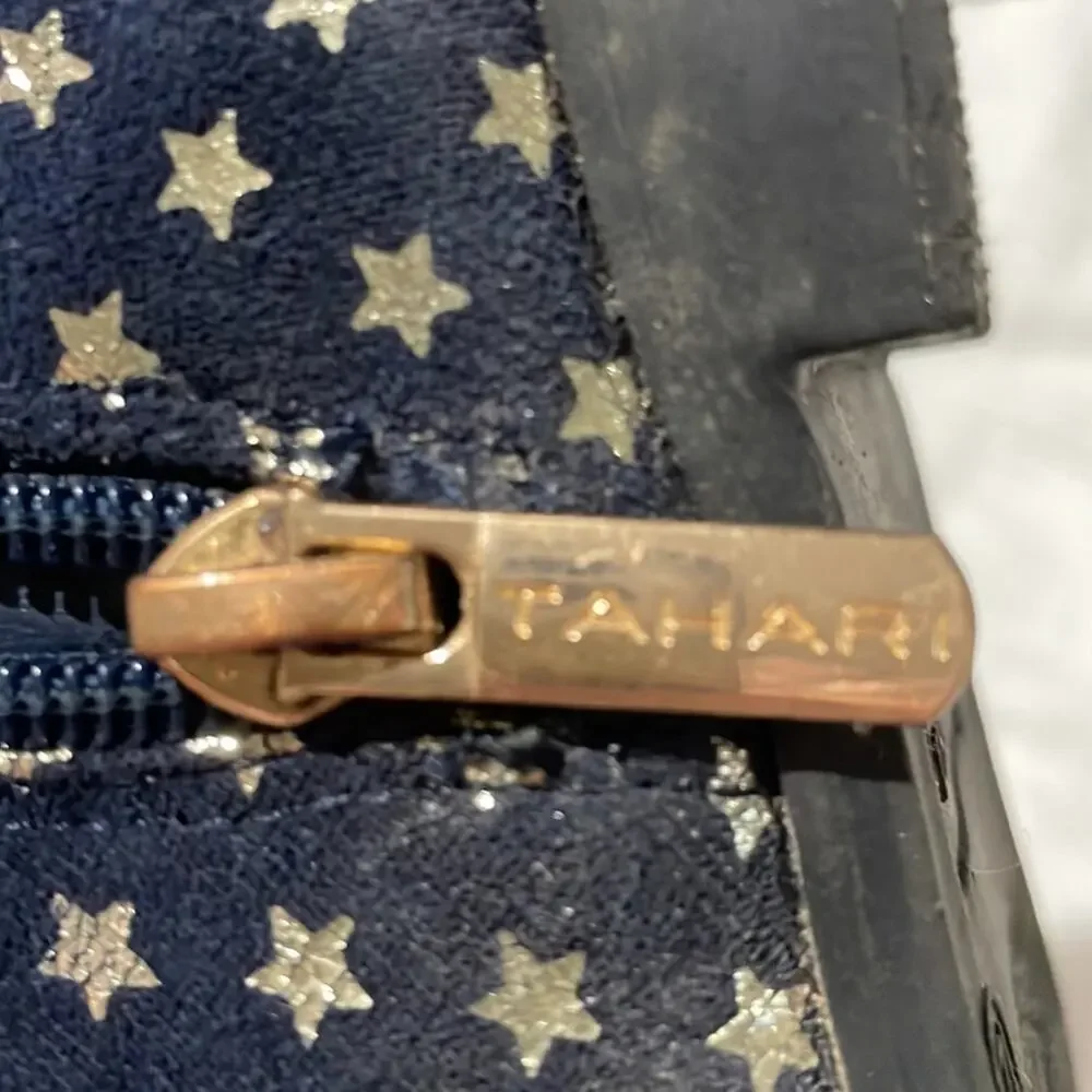 Tahari 12 navy blue gold stars ankle boots side zipper rubber soles guc fez
